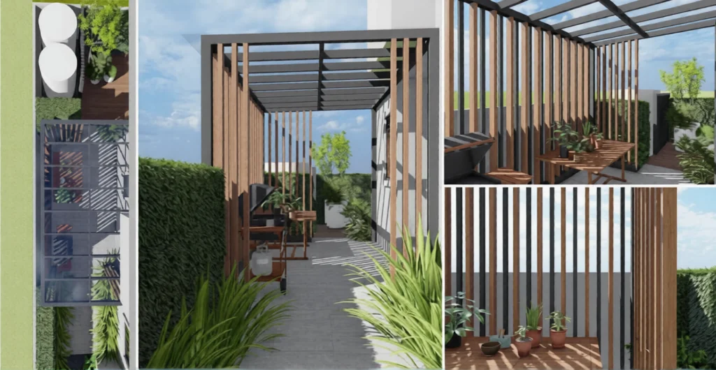 ภาพจำลอง 3 มิติ (3D Perspective) งานออกแบบต่อเติมพื้นที่พักผ่อนกึ่งเอาท์ดอร์ The Pallazo