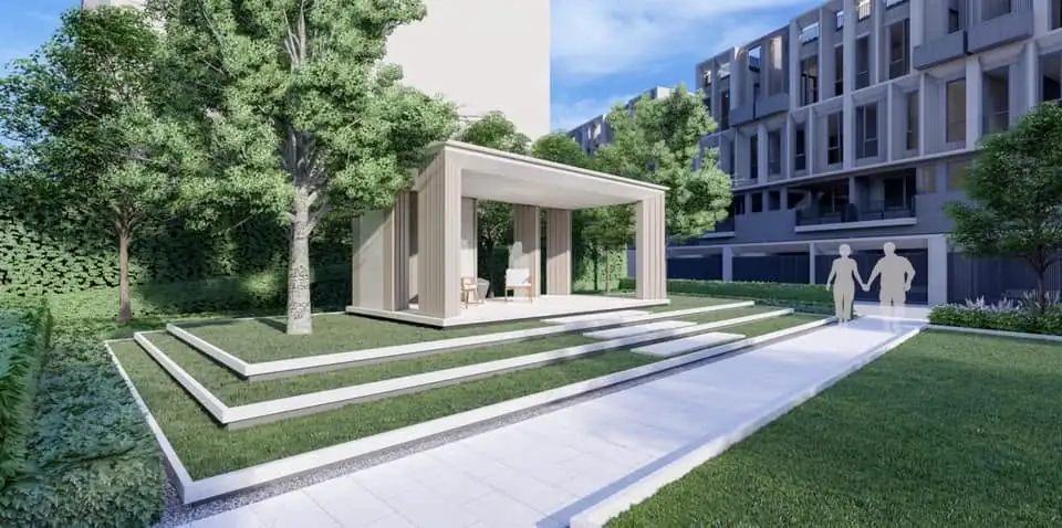 ภาพจำลอง 3 มิติ งานออกแบบด้านหน้า Pavilion สไตล์โมเดิร์น สำหรับลูกบ้าน โครงการ Condo Ther ลาดพร้าว 93
