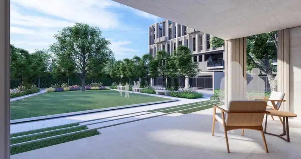 ภาพจำลอง 3 มิติ มุมมองจากภายใน Pavilion ออกสู่สวนส่วนกลาง โครงการ Condo Ther
