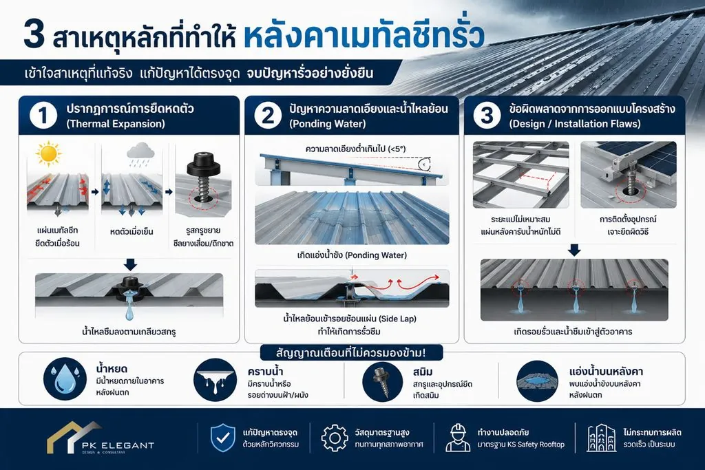 อินโฟกราฟิก 3 สาเหตุหลักที่ทำให้หลังคาเมทัลชีทโรงงานรั่วซึม