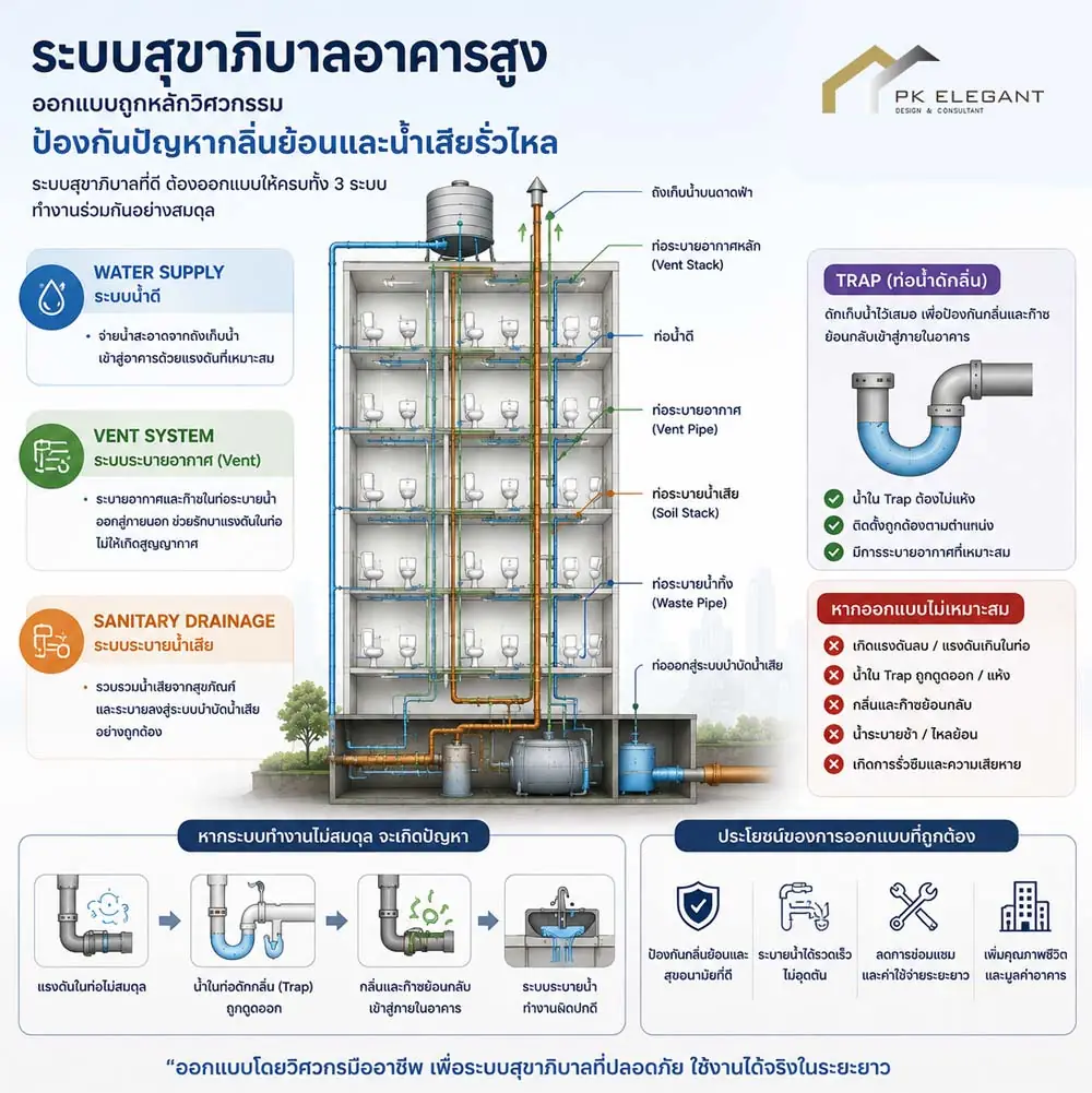 การออกแบบระบบสุขาภิบาลและ Vent System สำหรับอาคารสูง ป้องกันกลิ่นย้อนและน้ำเสียระบายไม่ดี