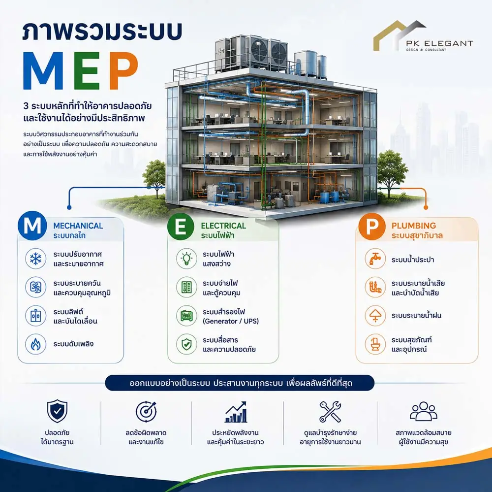 ภาพรวมระบบ MEP ได้แก่ ระบบ Mechanical Electrical และ Plumbing สำหรับอาคารสำนักงาน