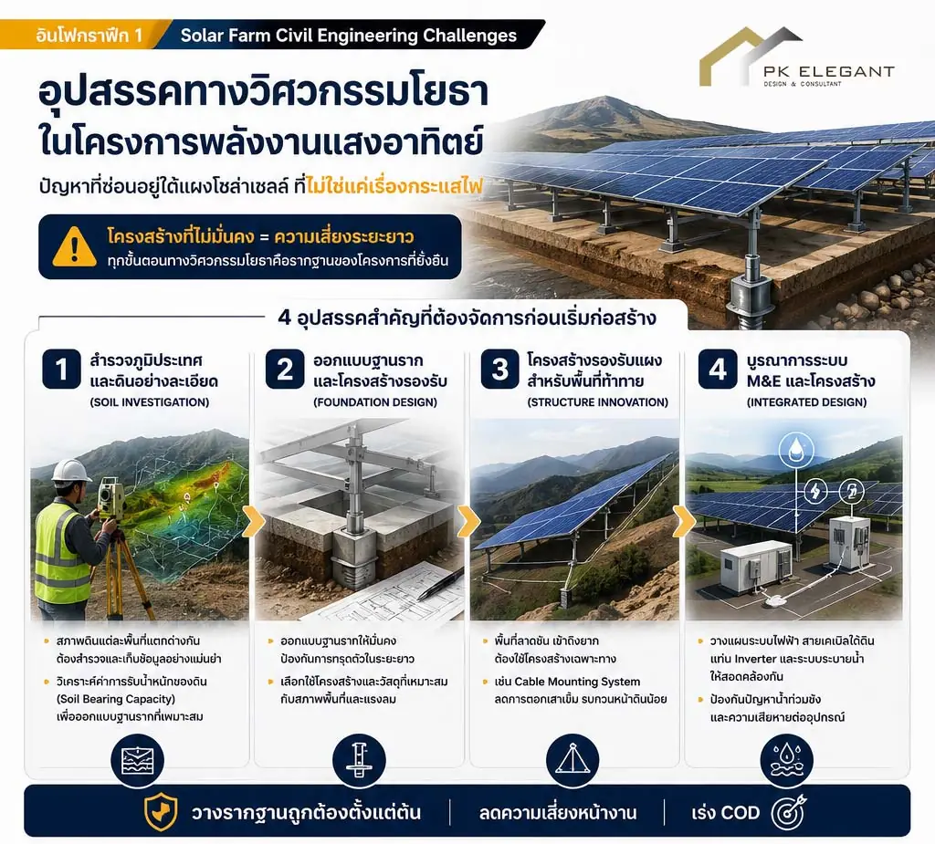 แผนภาพอธิบายขั้นตอนจัดการ งานโยธา โซล่าเซลล์ โครงการโซล่าฟาร์ม